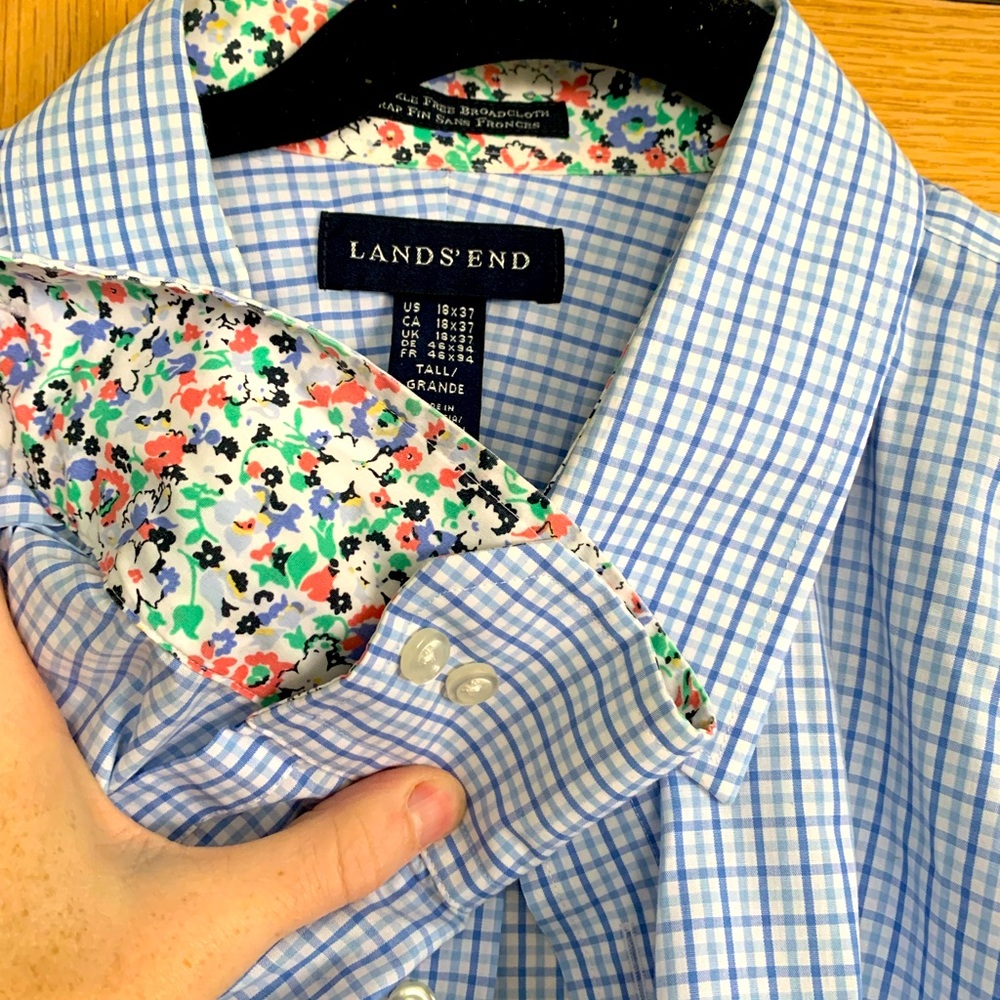 Lands’ End Mens Blue Check Dress Shirt 18 x 37